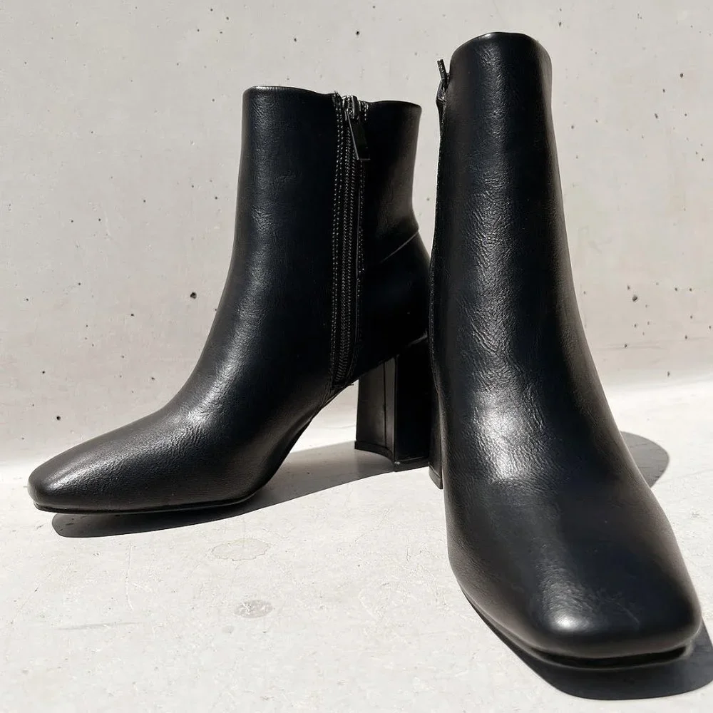 NEW Black Faux Leather Sleek Slim Square Toe Block Heel Ankle Boots Bootie Shoes - Picture 12 of 13